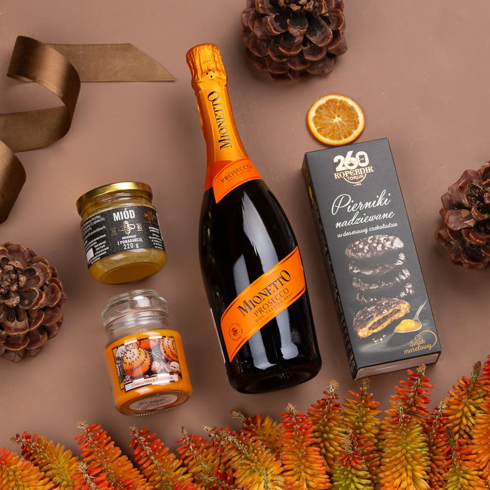 Kosz prezentowy ze słodyczami i prosecco Mionetto – Ingrid Kosz prezentowy ze słodyczami i prosecco Mionetto
