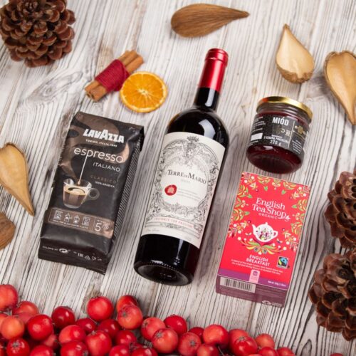 Gotowy kosz prezentowy z winem – Fortuna Gotowy upominek z winem
