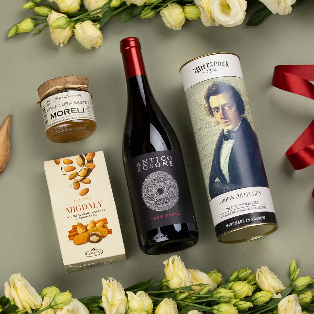 Kosz z alkoholem i słodyczami – Alma Kosz z czerwonym winem i słodyczami