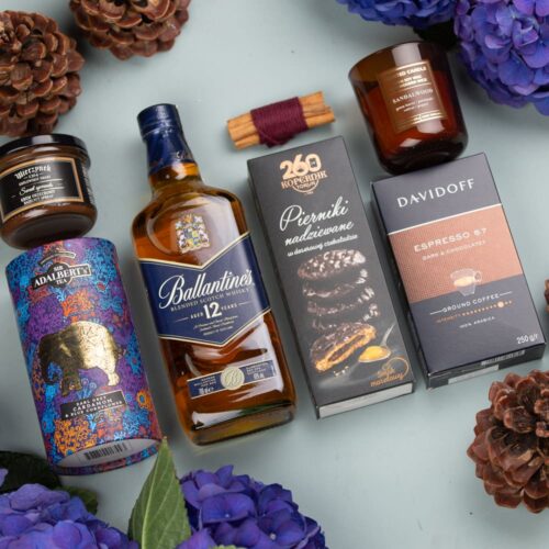Kosz prezentowy dla mężczyzny z alkoholem – Brooklyn kosz prezentowy z whisky ballantines