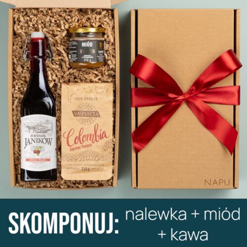 Kosz prezentowy z nalewką, kawą i miodem kosz prezentowy z nalewką, kawą i miodem
