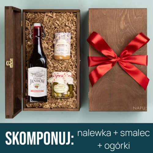 Skrzynka prezentowa z nalewką, smalcem i ogórkami nalewka, smalec i ogórki na prezent