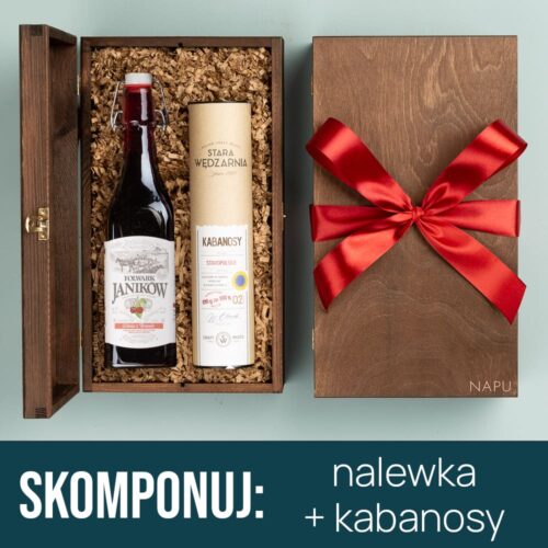 Skrzynka prezentowa z nalewką i kabanosami nalewka i kabanosy na prezent