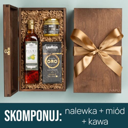 kosz prezentowy z nalewką, kawą i miodem