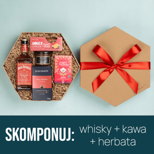 Kosz prezentowy z whisky, czekoladą, herbatą i słodkościami kosz prezentowy z whisky, kawą i herbatą