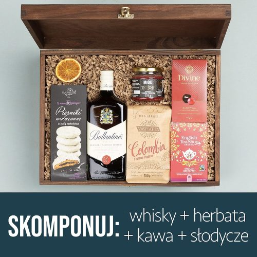 Prezent z whisky, kawą, herbatą, miodem i słodyczami Prezent z whisky, kawą, herbatą, miodem i słodyczami