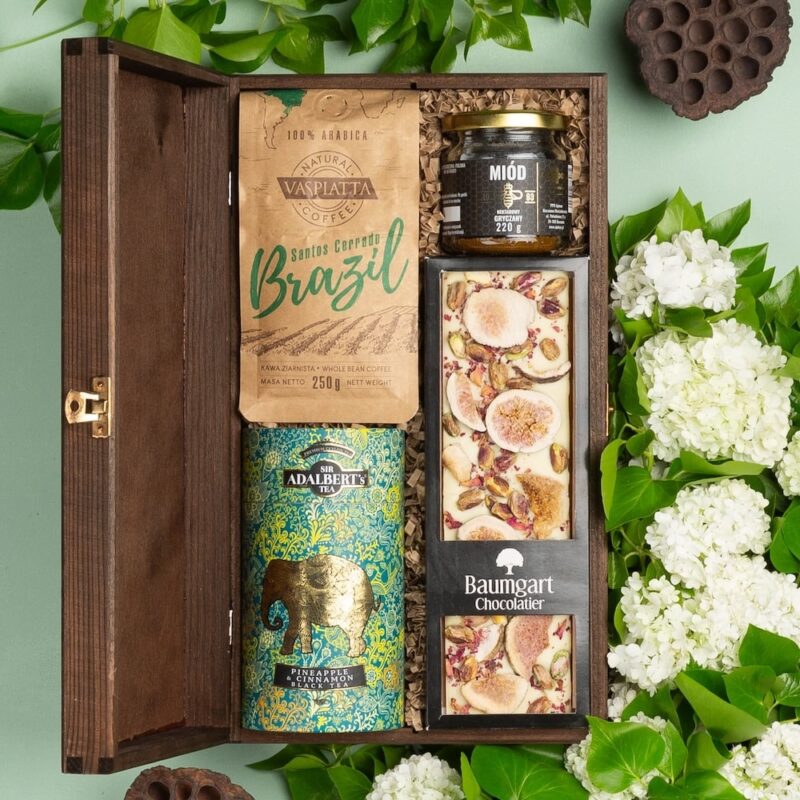 Kosz prezentowy z czekoladą, kawą, herbatą i miodem - Imelda