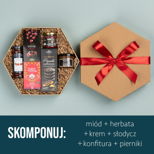 Kosz prezentowy z miodem, herbatą, konfiturą i słodkościami Kosz prezentowy z miodem, herbatą, konfiturą i słodkościami