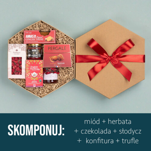 Kosz prezentowy z herbatą, miodem, konfiturą i słodkościami Kosz prezentowy z herbatą, miodem, konfiturą i słodkościami
