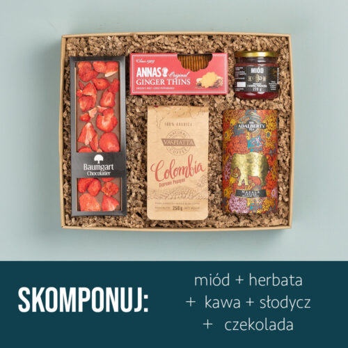 Kosz prezentowy z kawą, herbatą, miodem i słodkościami Kosz prezentowy z kawą, herbatą, miodem i słodkościami