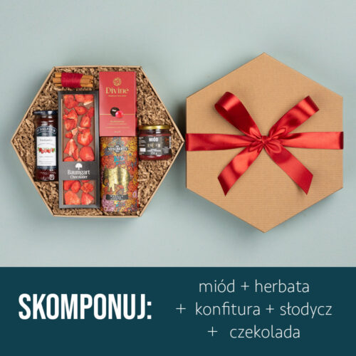 Kosz prezentowy z konfiturą, miodem, herbatą i słodkościami Kosz prezentowy z konfiturą, miodem, herbatą i słodkościami