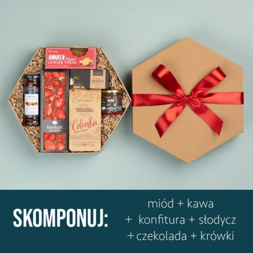 Kosz prezentowy z kawą, konfiturą, miodem i słodkościami Kosz prezentowy z kawą, konfiturą, miodem i słodkościami