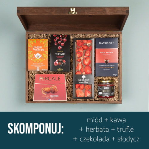 Kosz prezentowy z miodem, herbatą, kawą i słodkościami Kosz prezentowy z miodem, herbatą, kawą i słodkościami