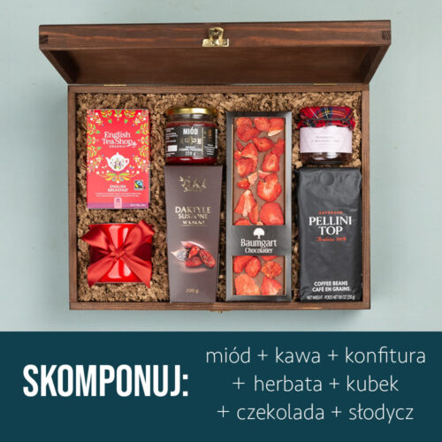Kosz prezentowy z kubkiem, konfiturą, kawą i słodkościami Kosz prezentowy z kubkiem, konfiturą, kawą i słodkościami