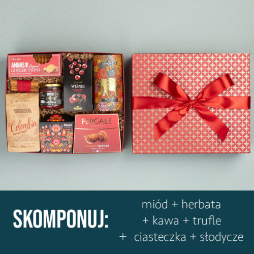 Box prezentowy z kawą, herbatą, miodem i słodyczami Box prezentowy z kawą, herbatą, miodem i słodyczami