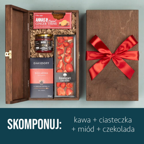 Kosz prezentowy z kawą, miodem i słodyczami Kosz prezentowy z kawą, miodem i słodyczami