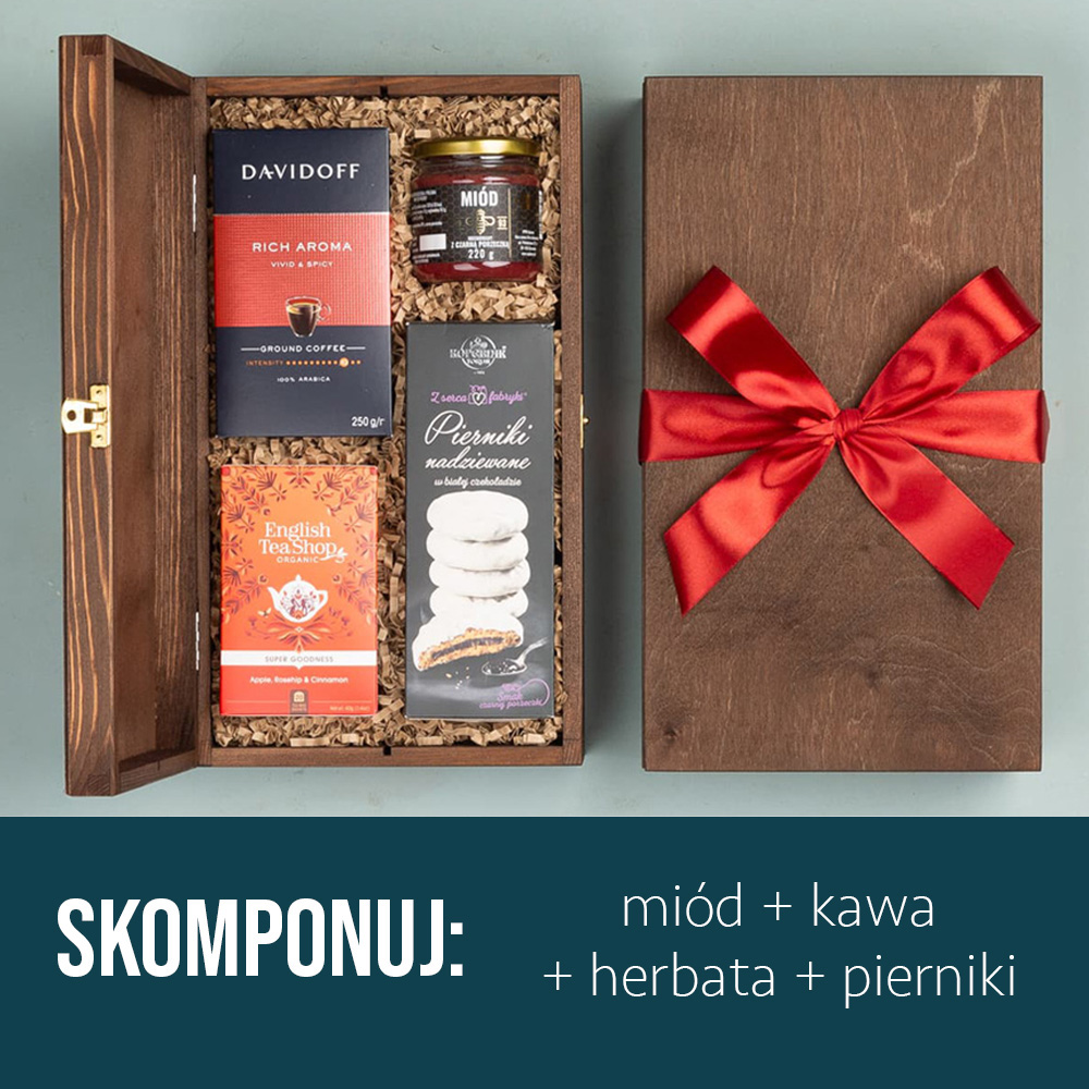 Kosz prezentowy z herbatą i piernikami Kosz prezentowy z herbatą i piernikami