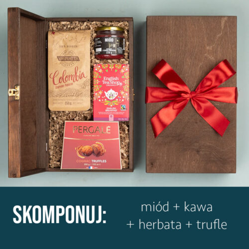 Kosz prezentowy z truflami, herbatą, kawą i miodem Kosz prezentowy z truflami, herbatą, kawą i miodem