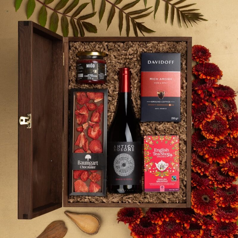 Kosz prezentowy z winem, kawą, herbatą, czekoladą i miodem - Marika